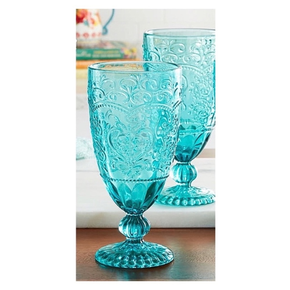 The Pioneer Woman 2 Amelia Teal Blue Embossed Clear Glass Goblets